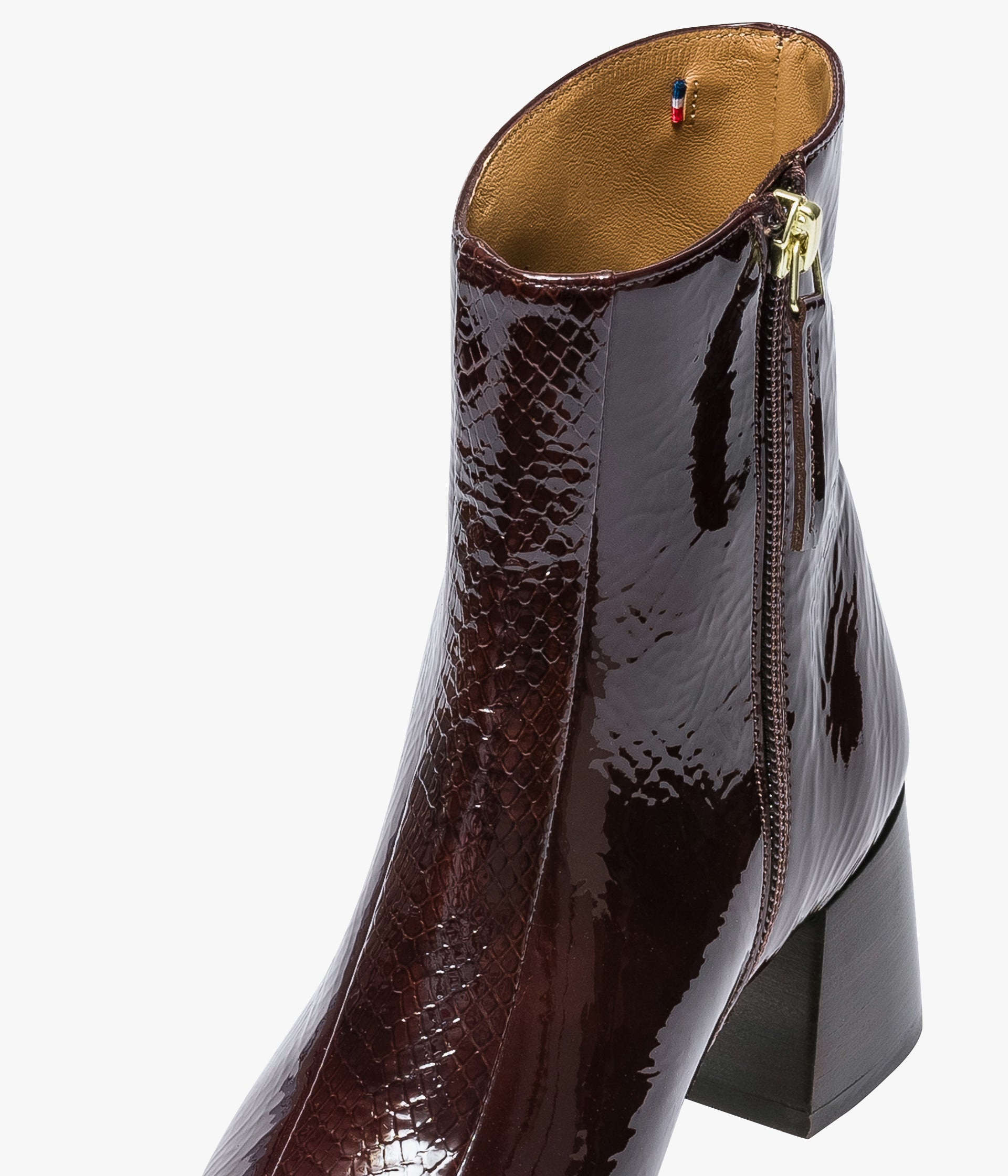Brown patent leather ankle boots on sale